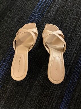 Stuart Weitzman Nude Tan Crisscross Slide Mules